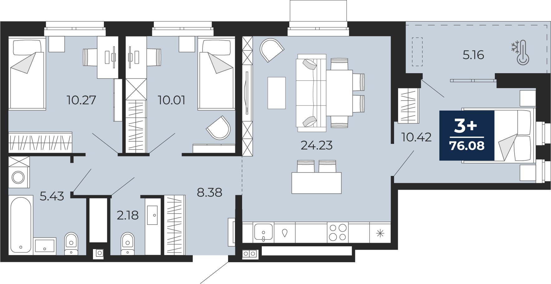 3-комнатная 70 м2 в ЖК Мириады корпус null этаж 12