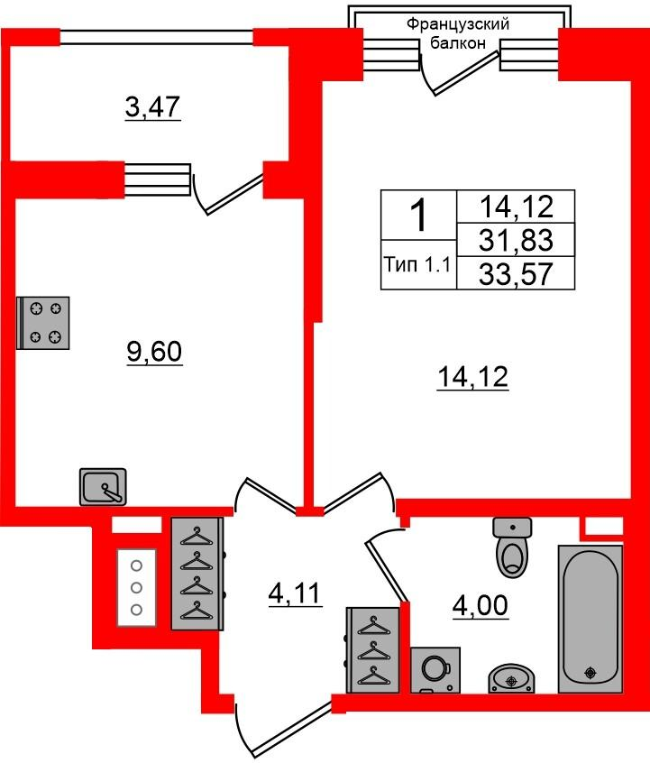 1-комнатная 31 м2 в ЖК Сэтл Ривьера корпус null этаж 10