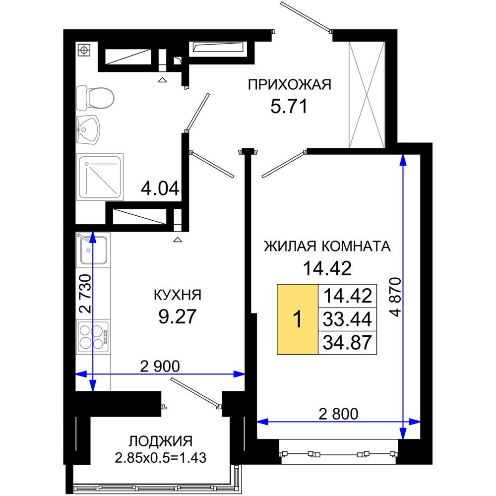 1-комнатная 34 м2 в ЖК Октябрь парк корпус null этаж 11