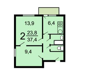 2-комнатная 37.3 м2 в ЖК undefined корпус null этаж 9