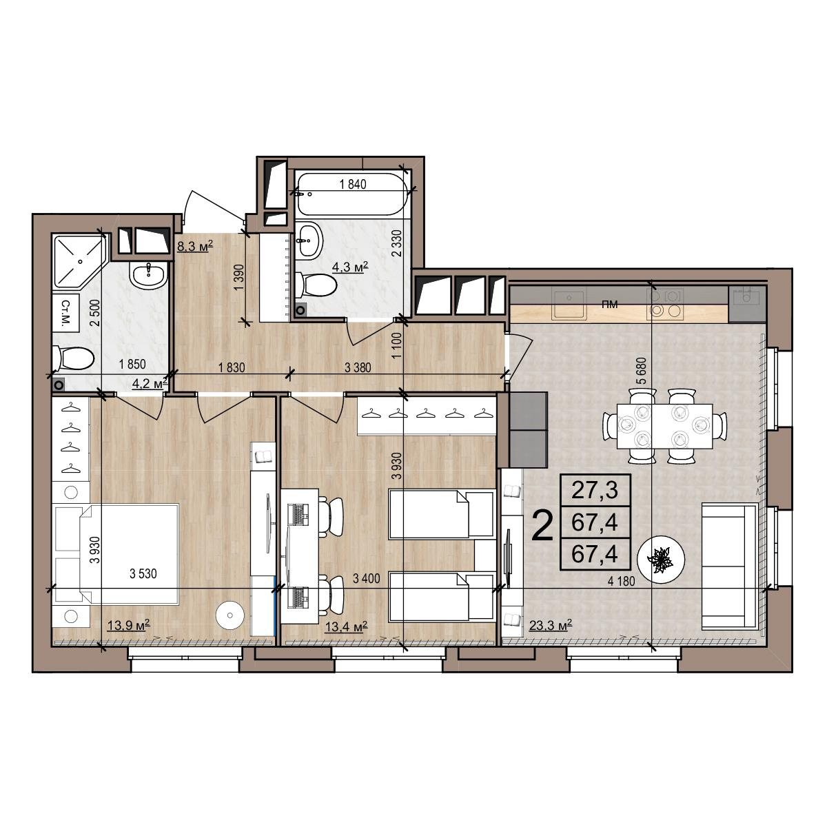2-комнатная 67 м2 в ЖК Полярная звезда корпус null этаж 13