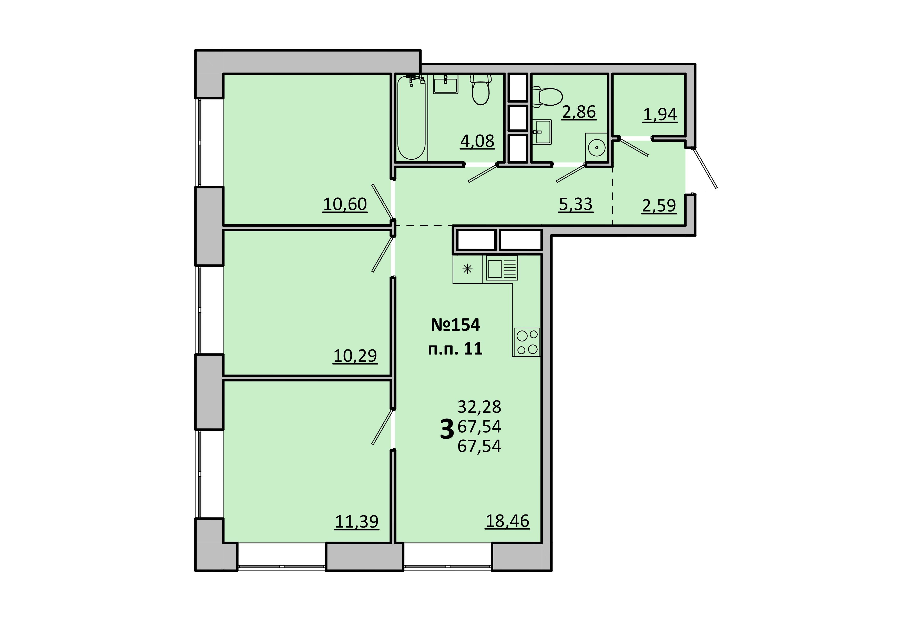 3-комнатная 67 м2 в ЖК Каштановая Роща корпус null этаж 15