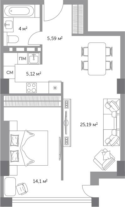 2-комнатная 54 м2 в ЖК Фьорд корпус null этаж 5