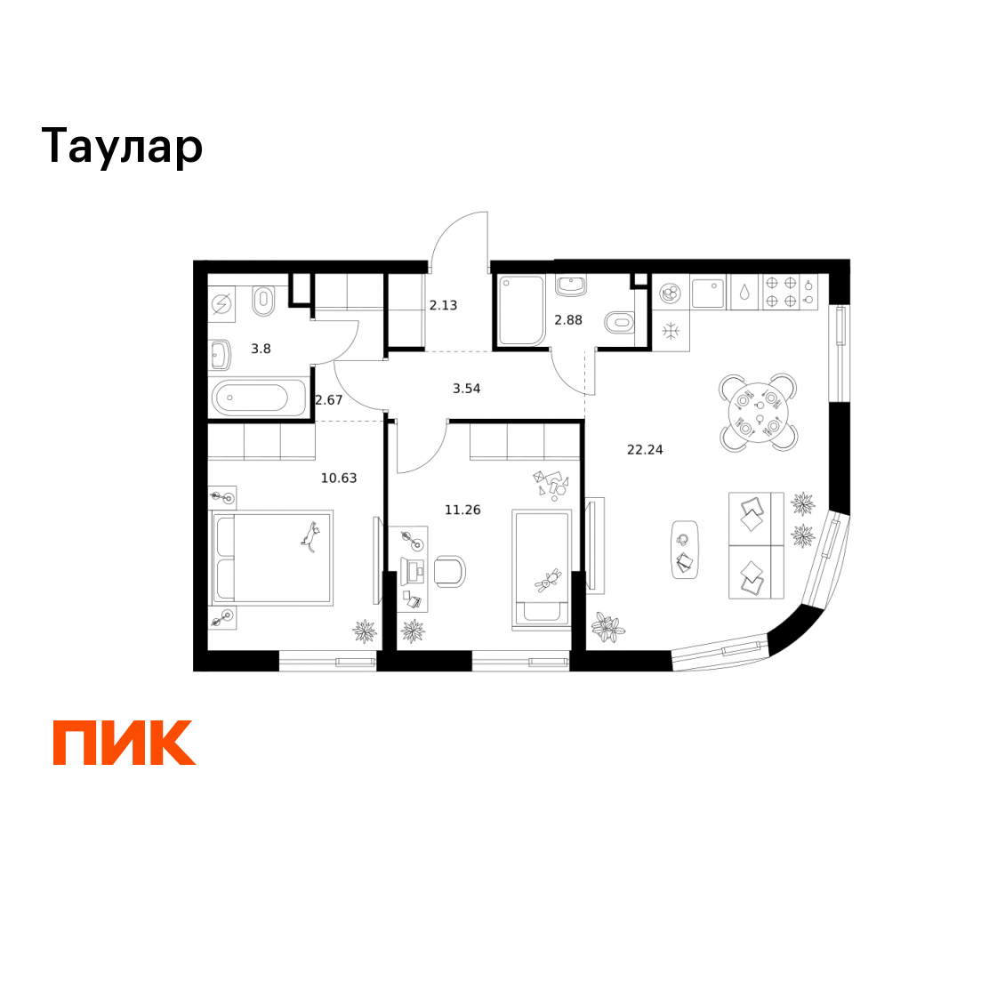 2-комнатная 59 м2 в ЖК Таулар корпус null этаж 14