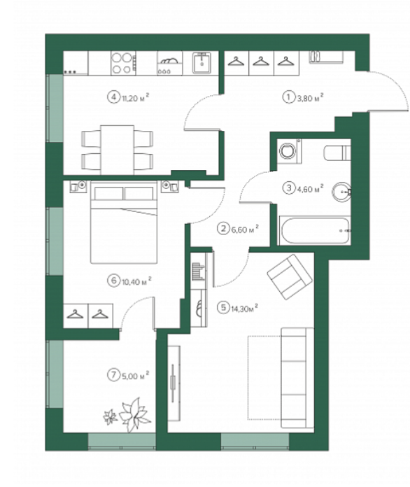 2-комнатная 53.4 м2 в ЖК undefined корпус null этаж 2