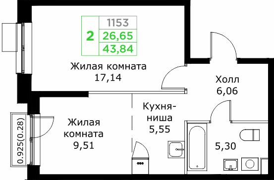 2-комнатная 43 м2 в ЖК Кит корпус null этаж 17