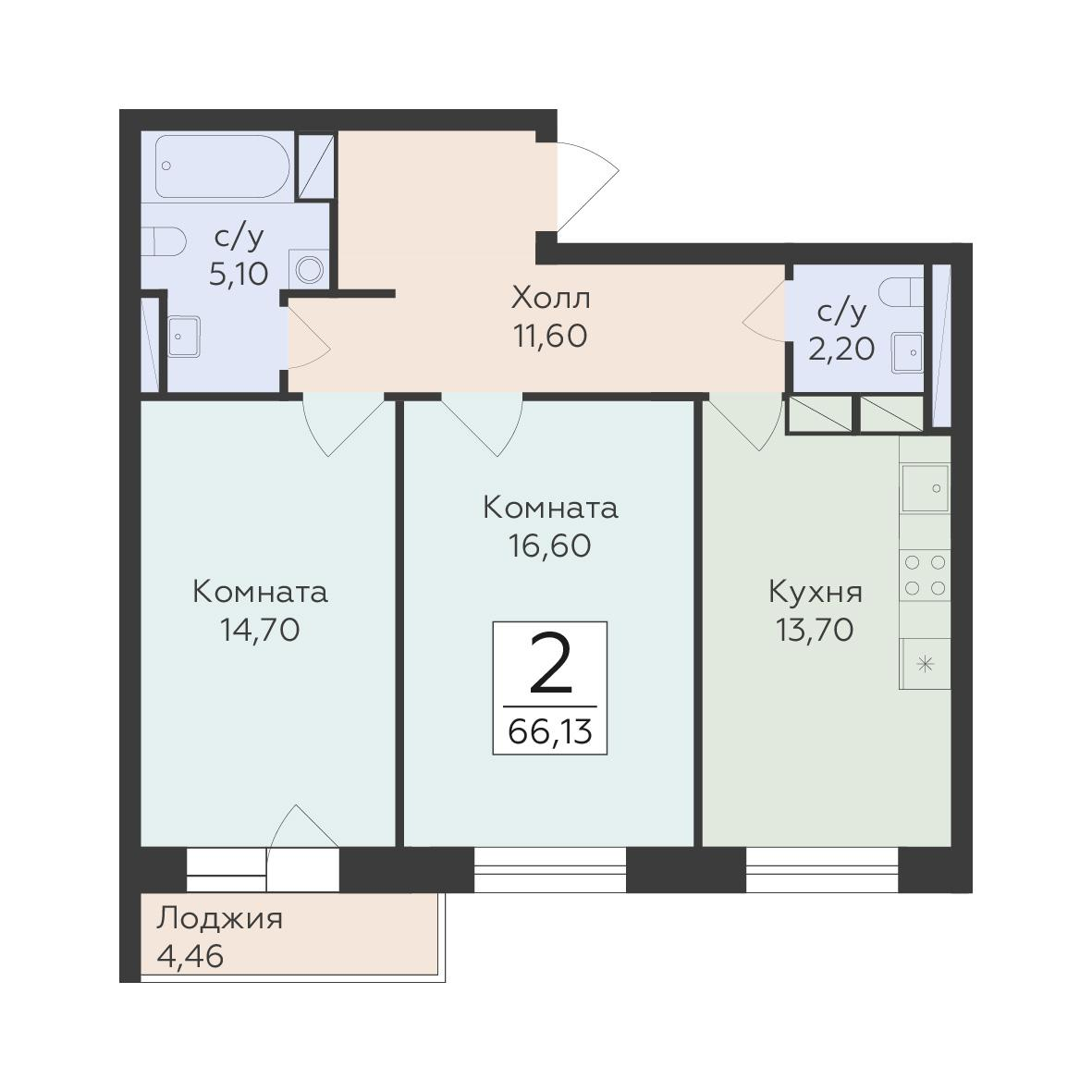 2-комнатная 66 м2 в ЖК Малаховский корпус null этаж 4