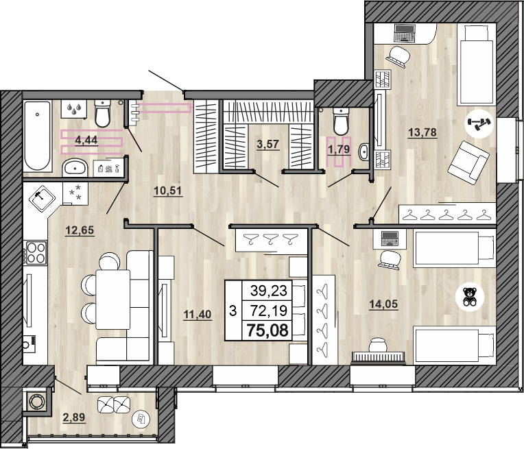 3-комнатная 75 м2 в ЖК Сокол корпус null этаж 7
