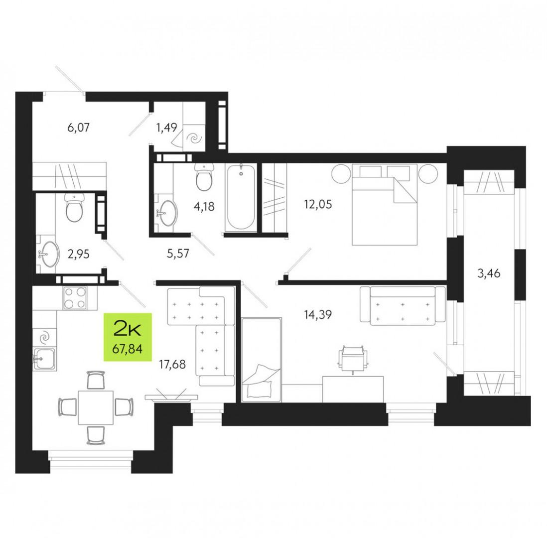 2-комнатная 68 м2 в ЖК undefined корпус null этаж 9