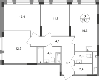 3-комнатная 74 м2 в ЖК Первый Московский корпус null этаж 7