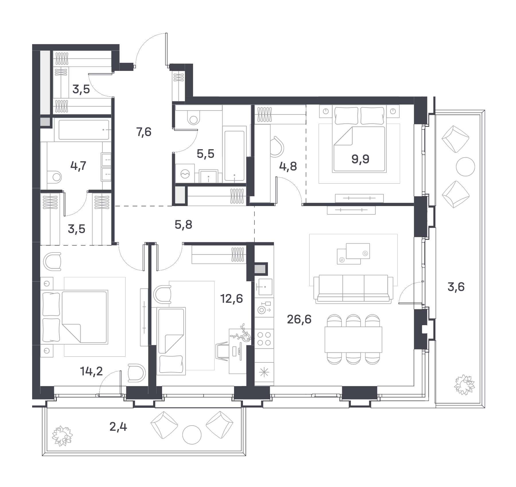 3-комнатная 105 м2 в ЖК Портленд корпус null этаж 7
