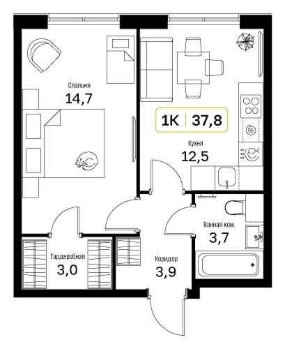 1-комнатная 37 м2 в ЖК Новый Зеленоград корпус null этаж 15