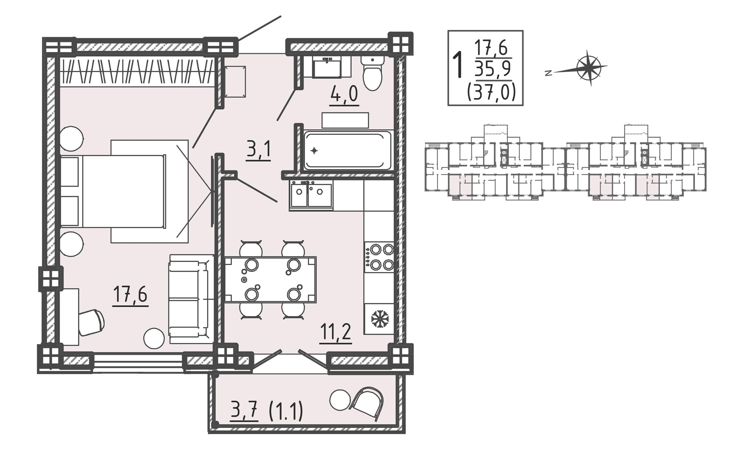 1-комнатная 37 м2 в ЖК Ю корпус null этаж 6