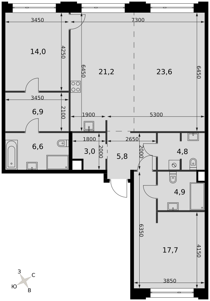 3-комнатная 112 м2 в ЖК Sydney Prime корпус null этаж 3