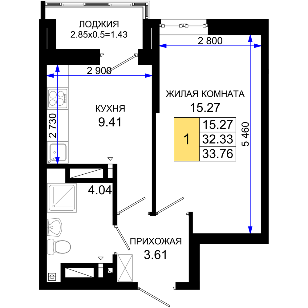 1-комнатная 33 м2 в ЖК Октябрь парк корпус null этаж 23