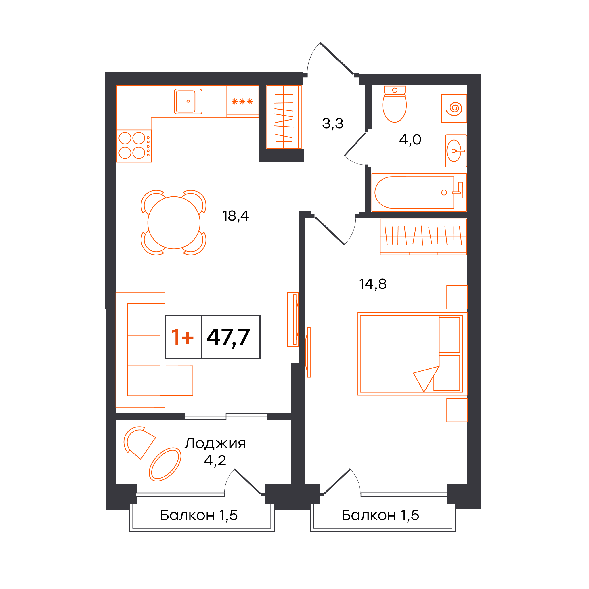 1-комнатная 47 м2 в ЖК УНО. Умный квартал корпус null этаж 13