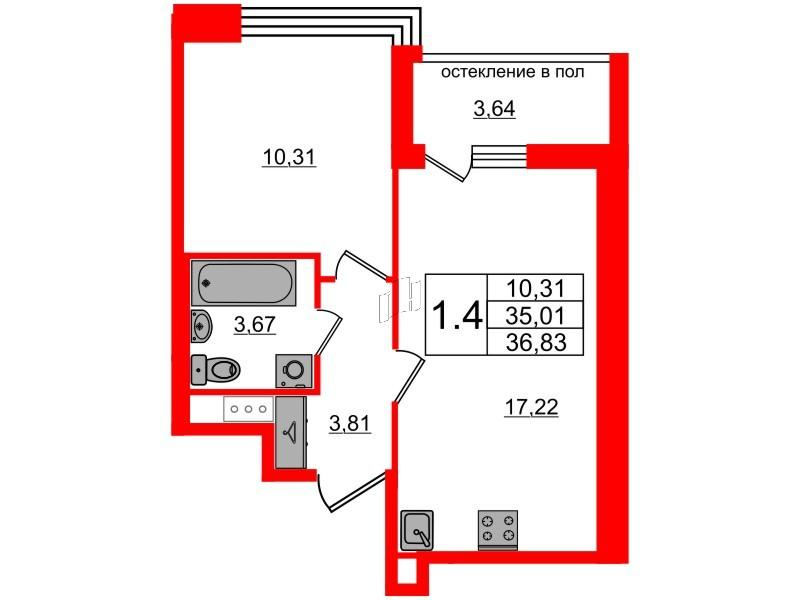 1-комнатная 35 м2 в ЖК Титул в Московском корпус null этаж 2
