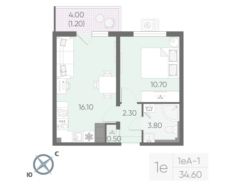 1-комнатная 34 м2 в ЖК Зеркальный ручей корпус null этаж 12