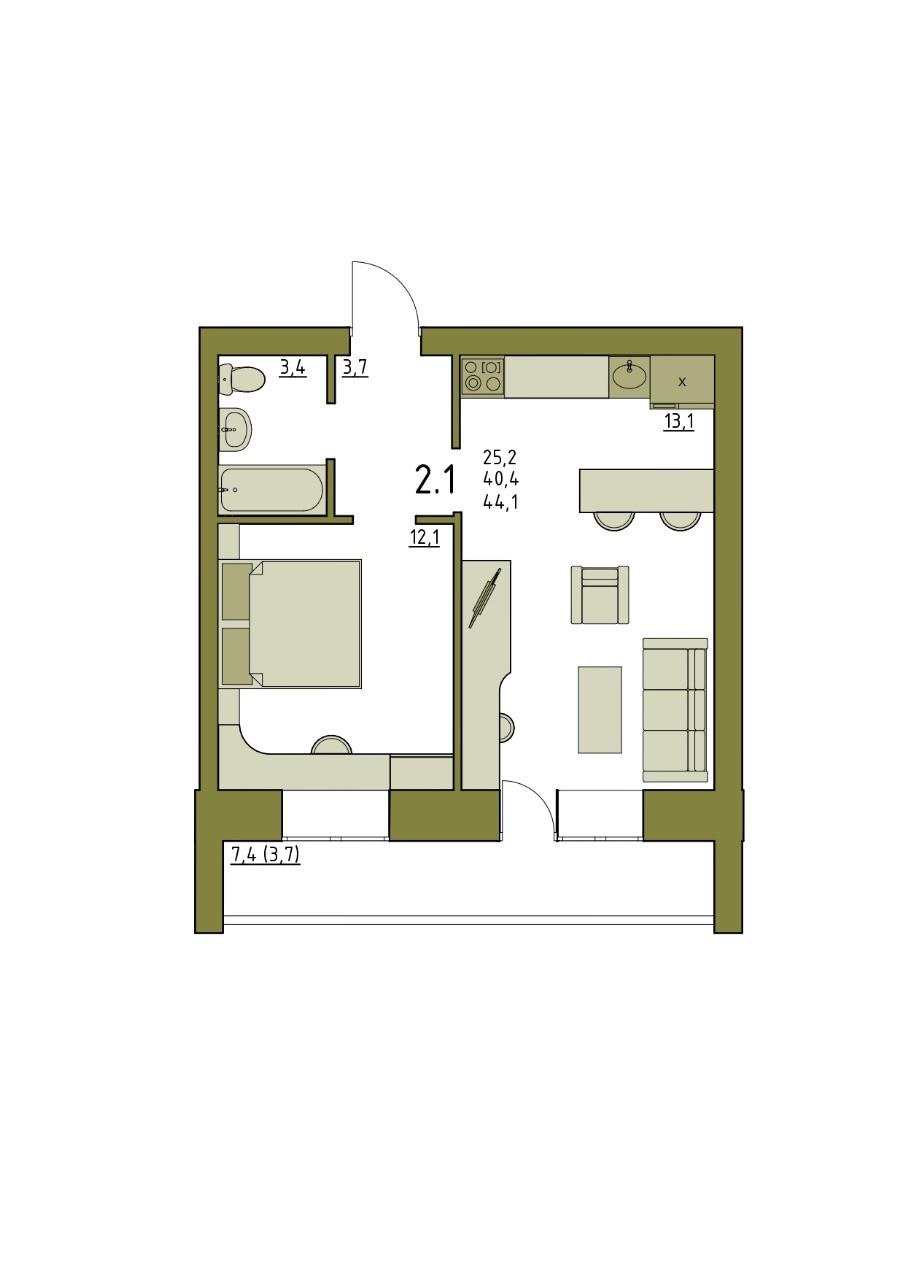 2-комнатная 44.2 м2 в ЖК undefined корпус null этаж 3