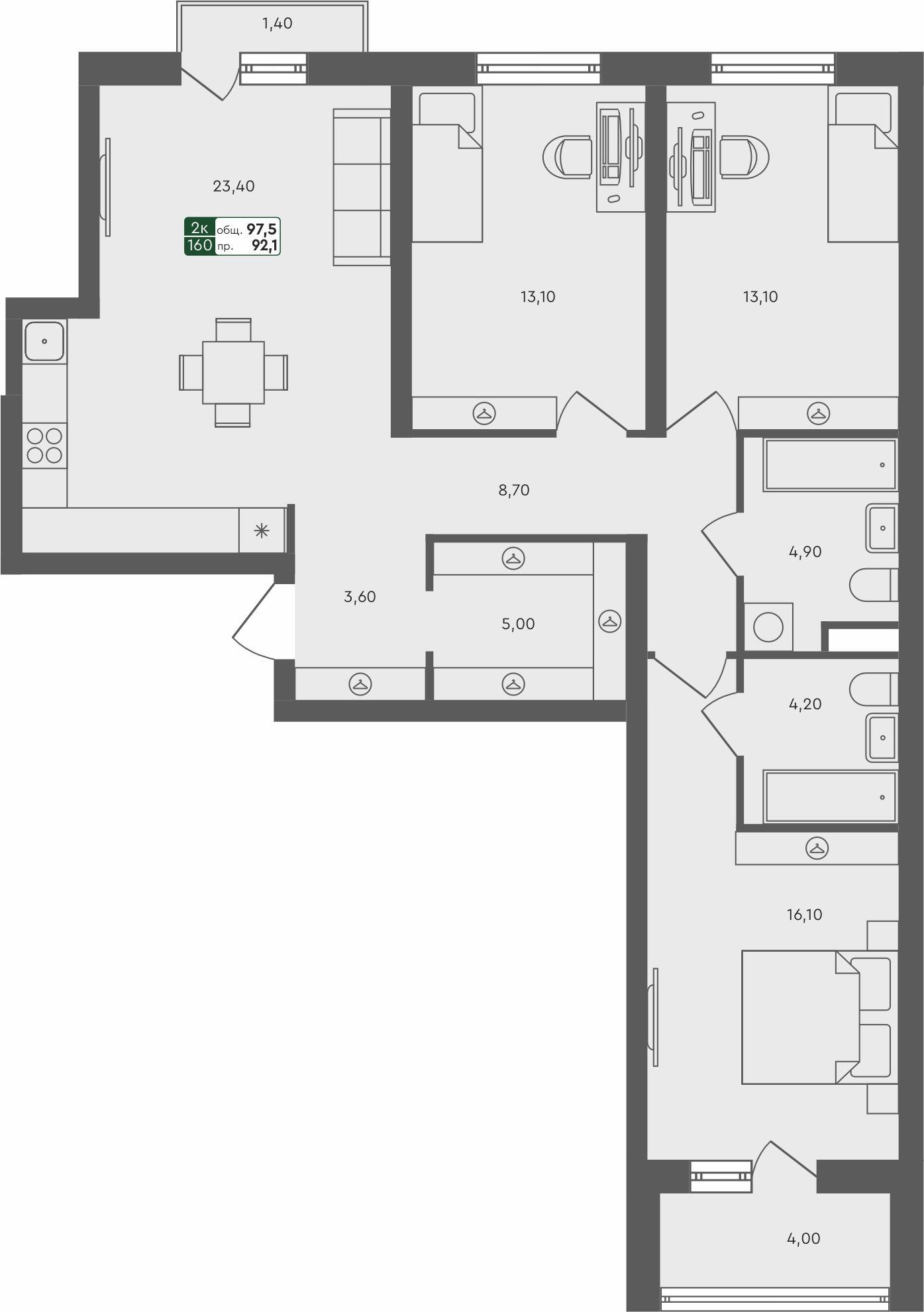 3-комнатная 97 м2 в ЖК Ритмы корпус null этаж 2