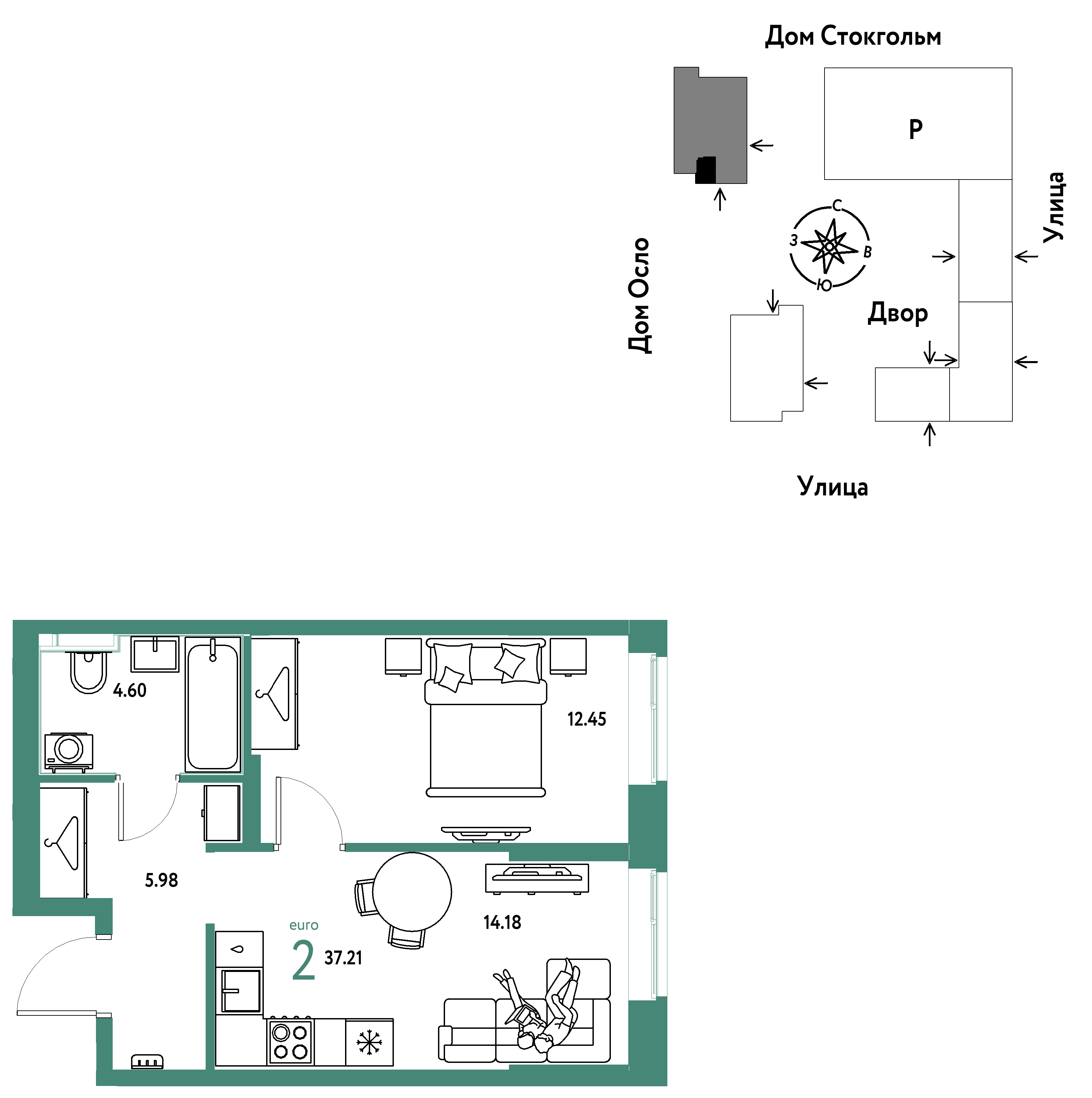 2-комнатная 37 м2 в ЖК Европейский берег 2.0 корпус null этаж 15