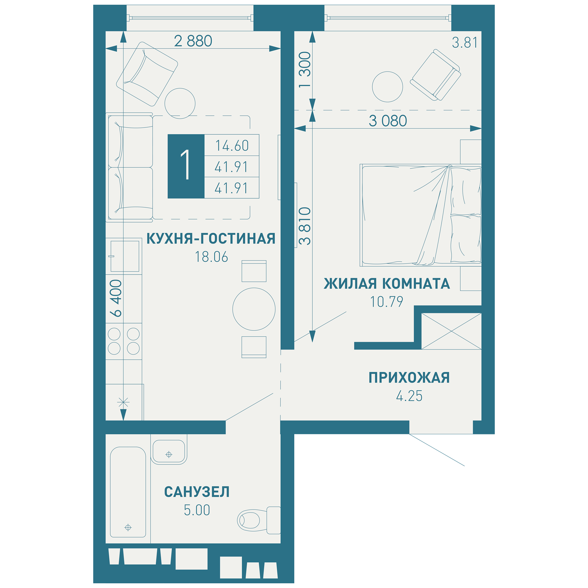 1-комнатная 43 м2 в ЖК ИНАЧЕ в Молодежном корпус null этаж 3