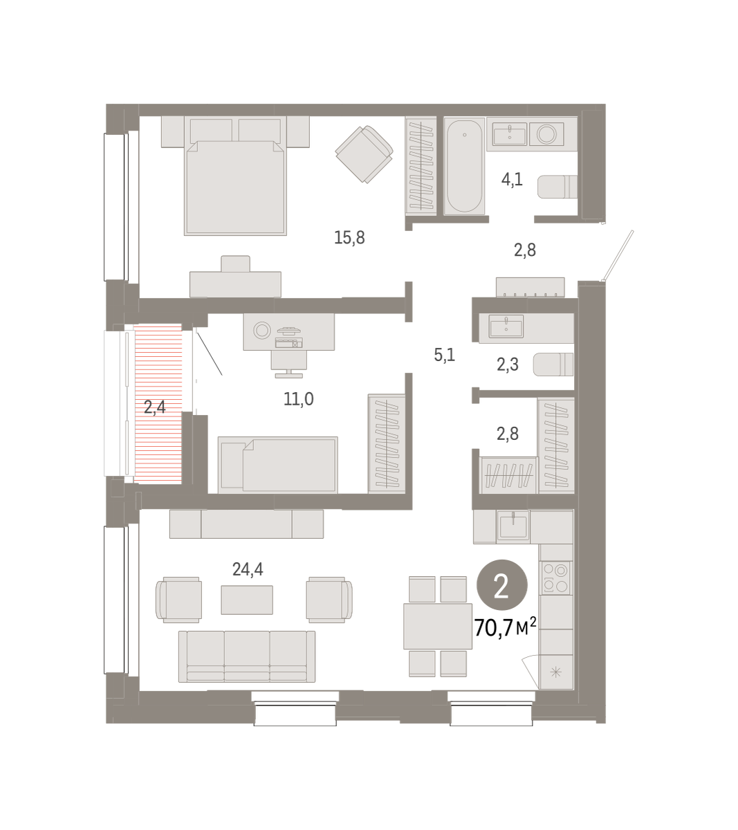 2-комнатная 70 м2 в ЖК Квартал Нефть корпус null этаж 13