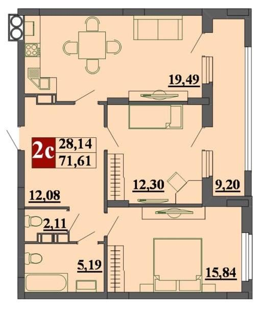 2-комнатная 72 м2 в ЖК undefined корпус null этаж 8