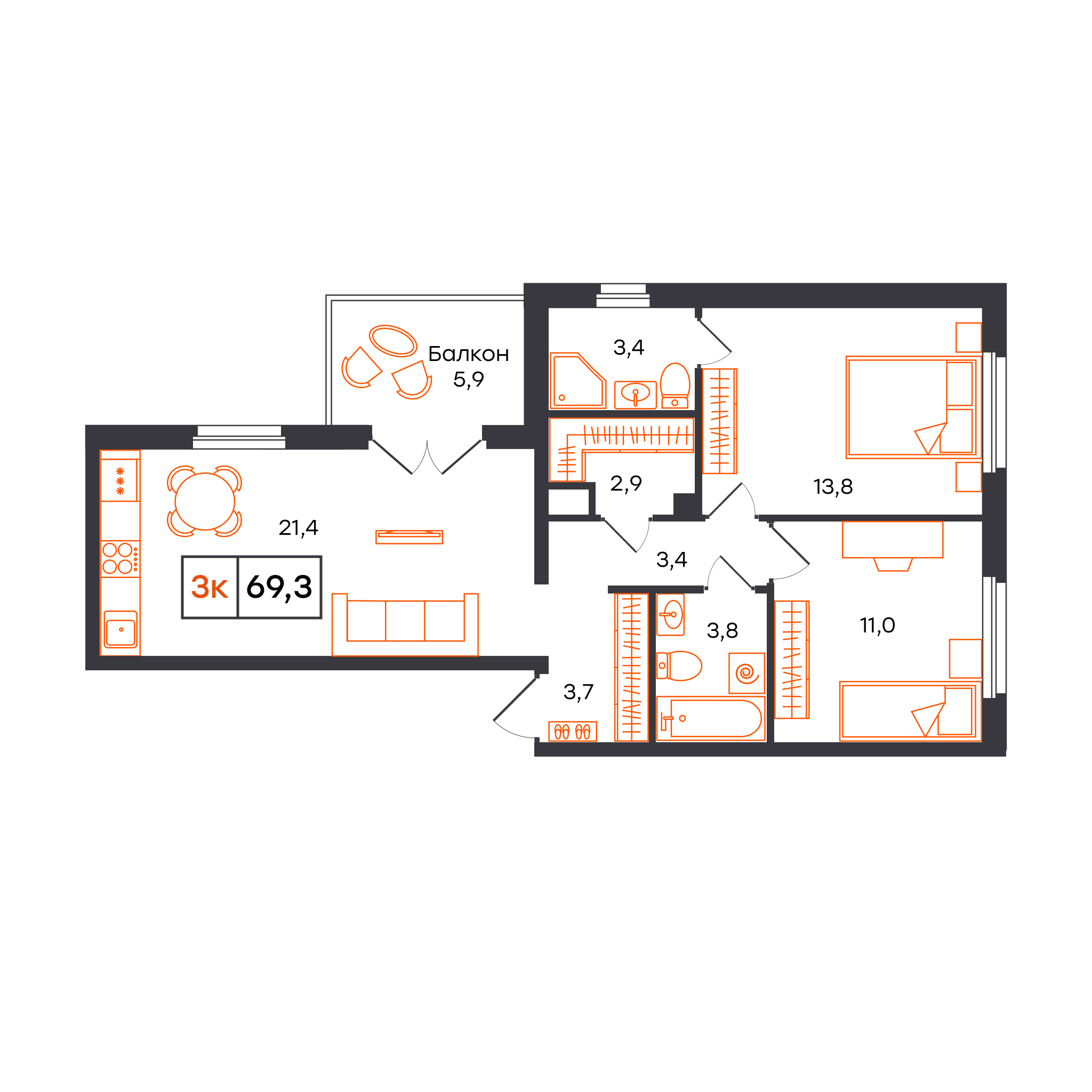 2-комнатная 69 м2 в ЖК Отличие корпус null этаж 3