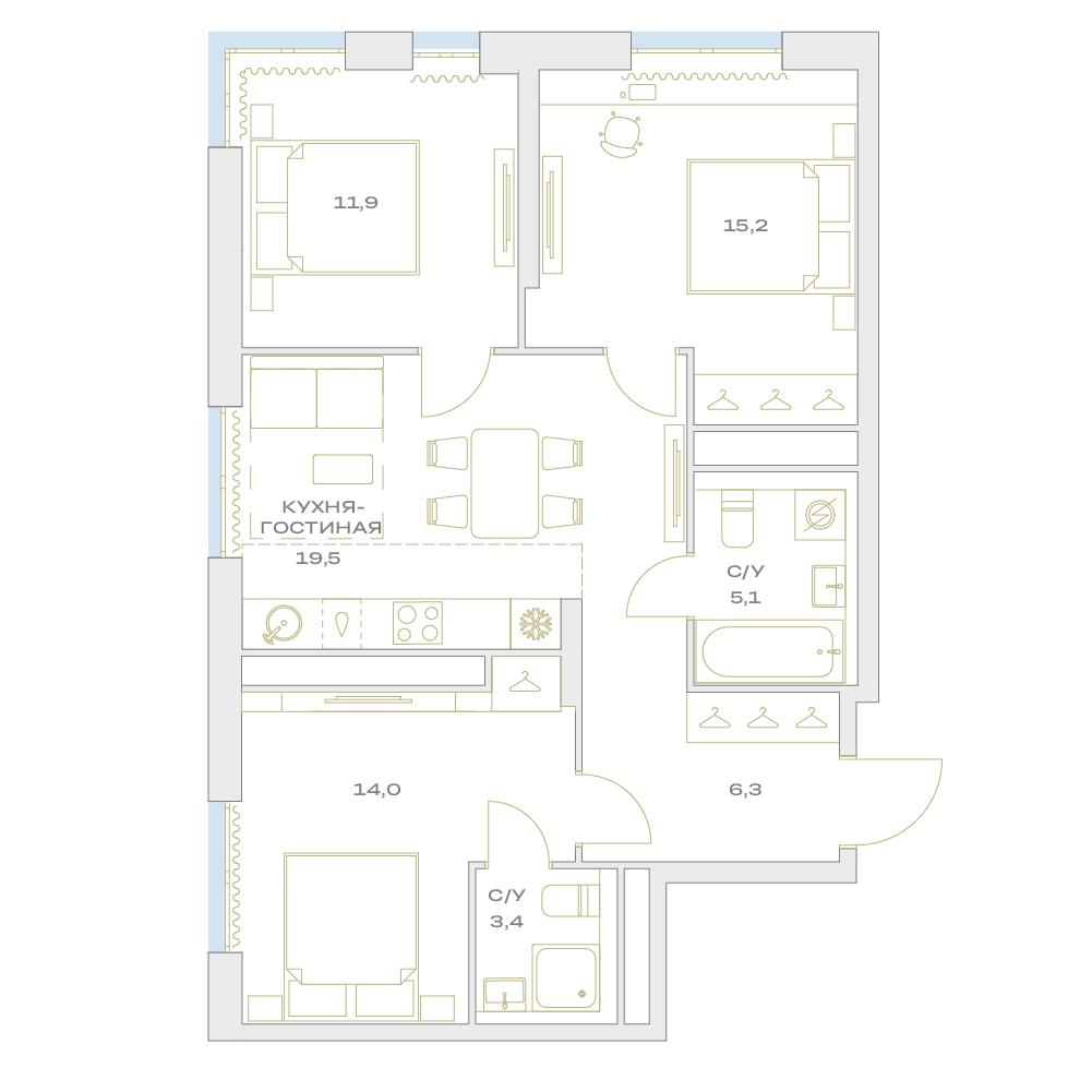 4-комнатная 75 м2 в ЖК Детали корпус null этаж 22