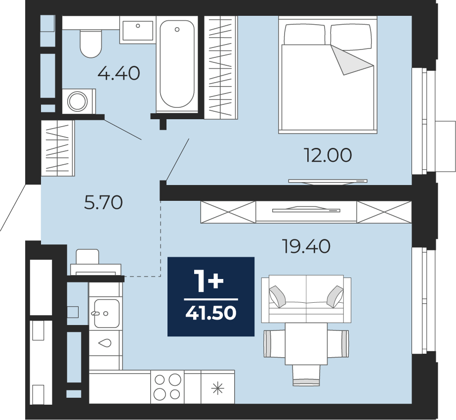 1-комнатная 41 м2 в ЖК Айвазовский корпус null этаж 3