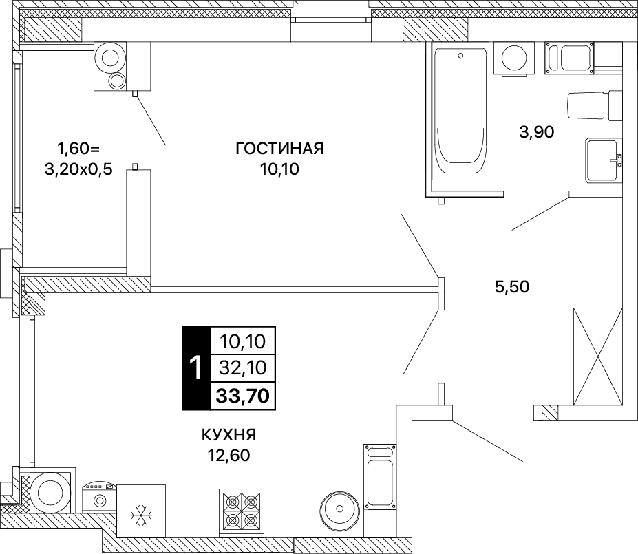 1-комнатная 33 м2 в ЖК Сияние корпус null этаж 3
