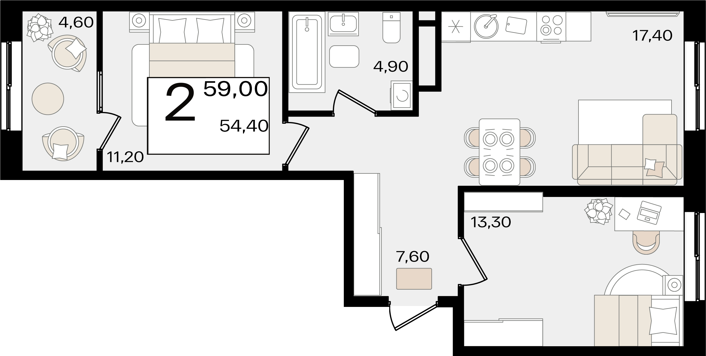 2-комнатная 59 м2 в ЖК Патрики корпус null этаж 9