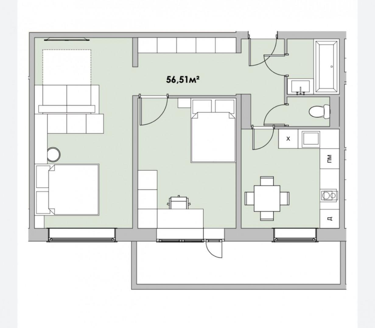 2-комнатная 56.5 м2 в ЖК undefined корпус null этаж 10
