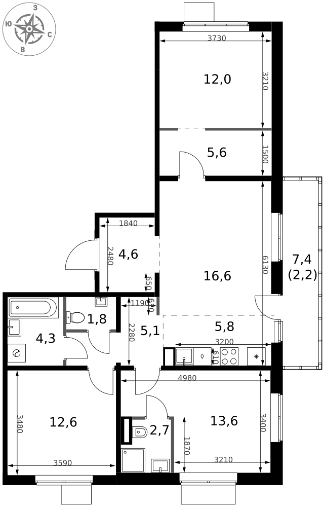 4-комнатная 86 м2 в ЖК 1-й Ясеневский корпус null этаж 16