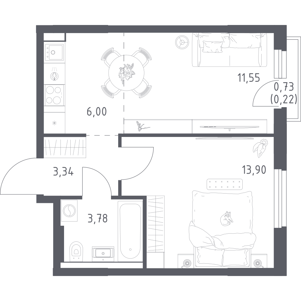 1-комнатная 38 м2 в ЖК Урбан Тау корпус null этаж 13