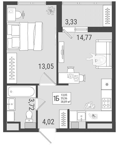 1-комнатная 37 м2 в ЖК Юго Западный корпус null этаж 3
