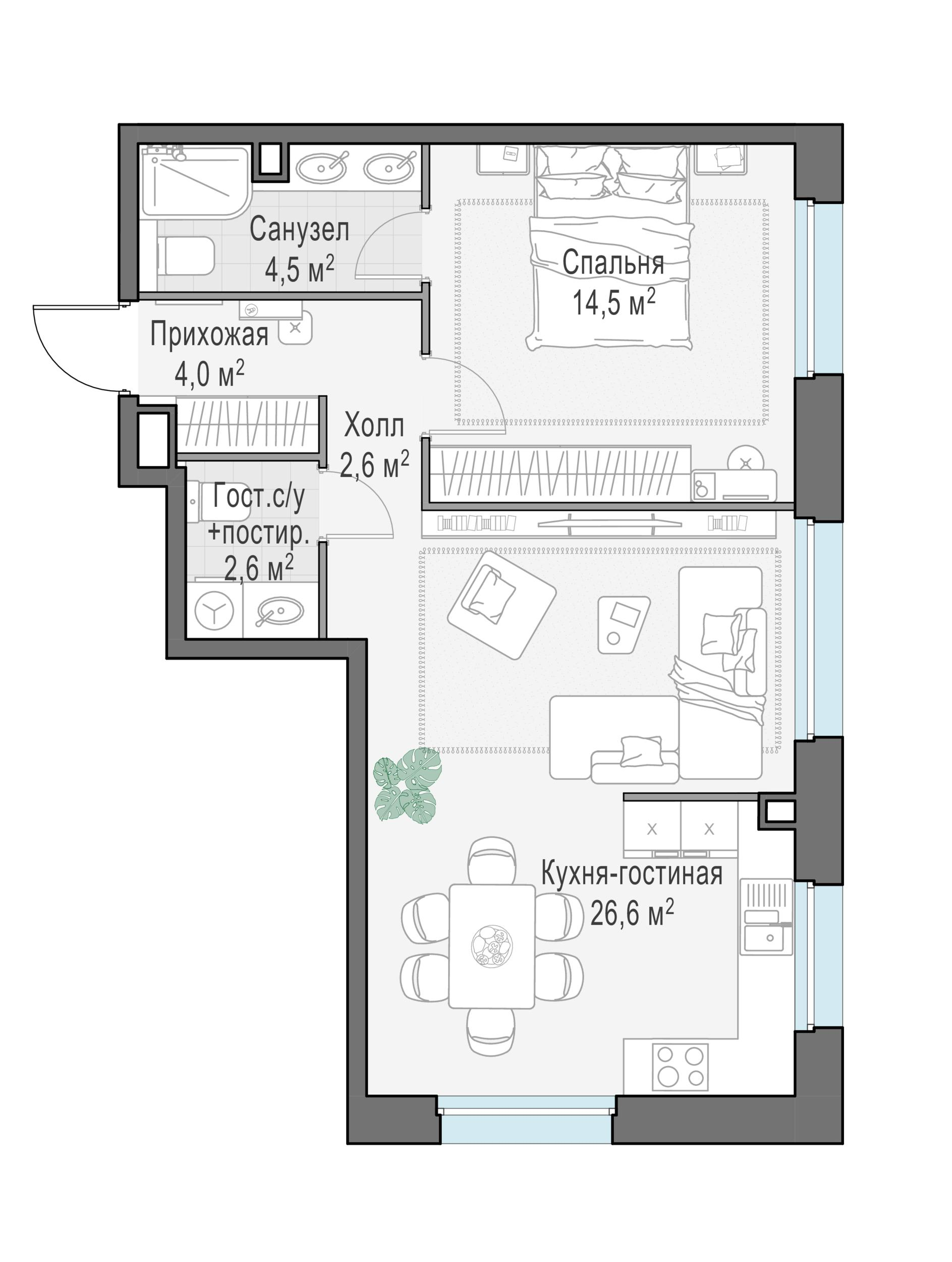 2-комнатная 54 м2 в ЖК Жилые кварталы «Белый Град» корпус null этаж 21