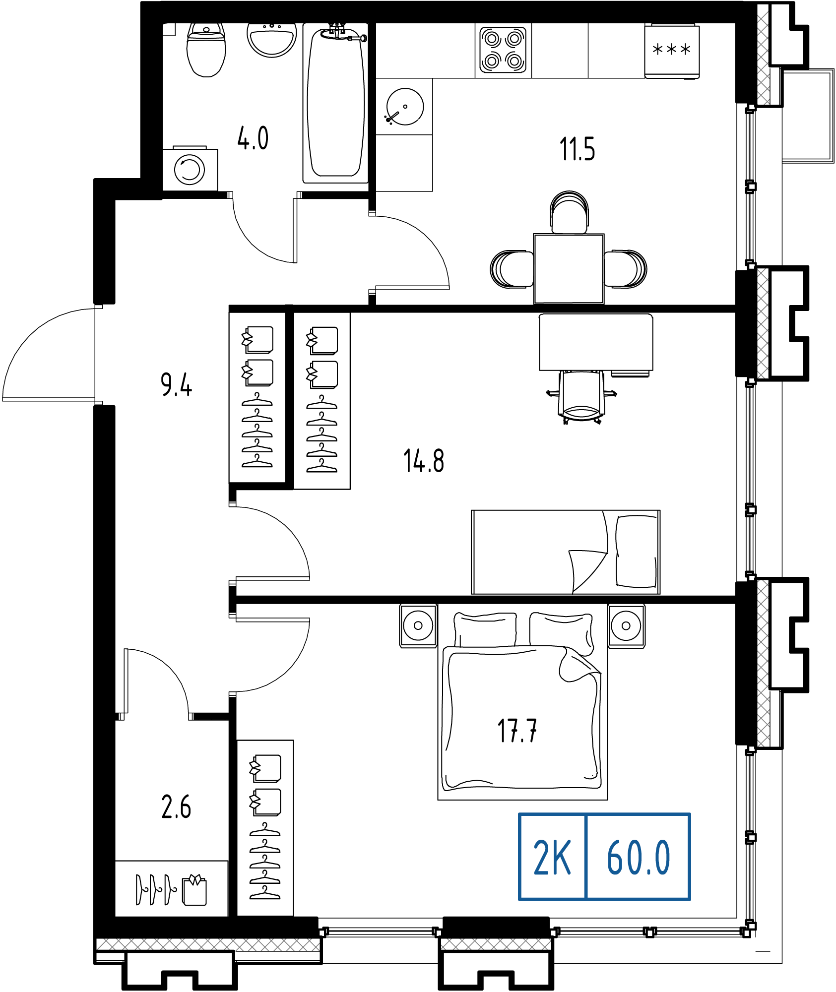 2-комнатная 60 м2 в ЖК Skolkovo One корпус null этаж 2