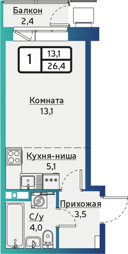Студия 26 м2 в ЖК ВЕГА корпус null этаж 4