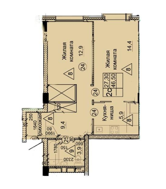2-комнатная 46.4 м2 в ЖК undefined корпус null этаж 3