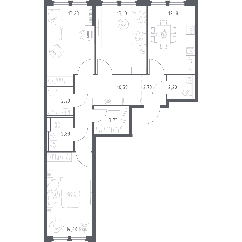 3-комнатная 77 м2 в ЖК Космический Квартал корпус null этаж 3