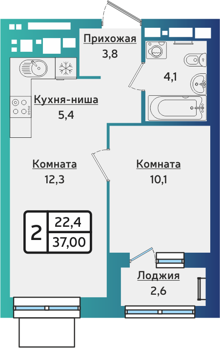 2-комнатная 37 м2 в ЖК ARTNOVA корпус null этаж 8