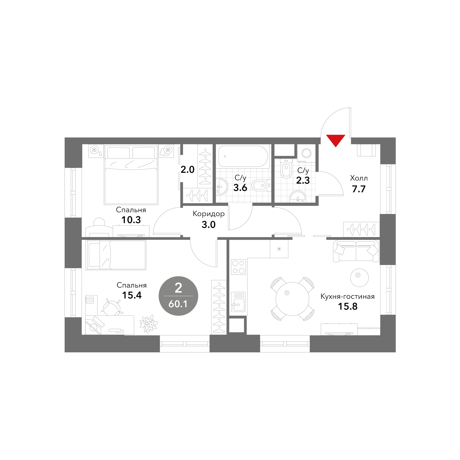 2-комнатная 60 м2 в ЖК Voxhall корпус null этаж 13