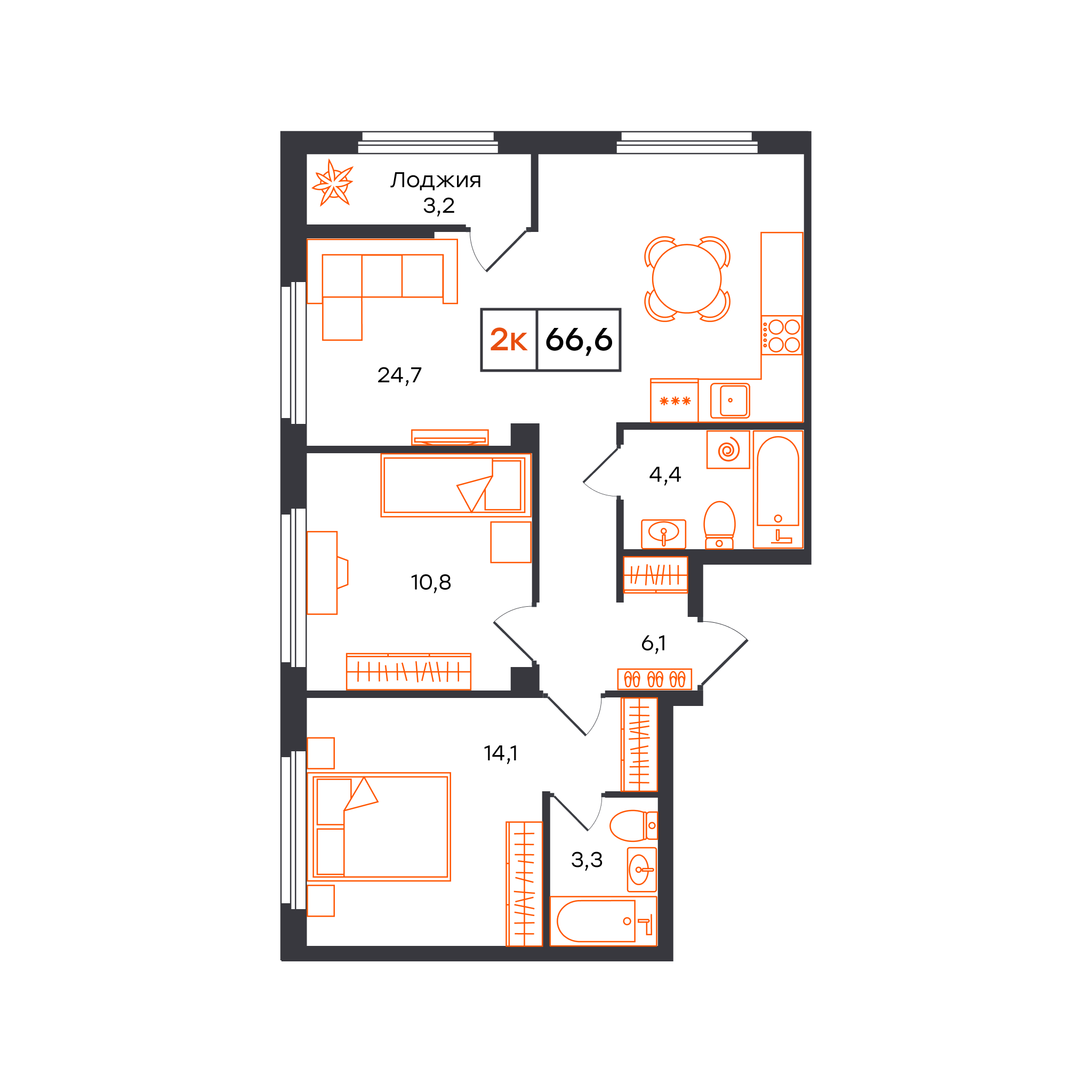 2-комнатная 66 м2 в ЖК Отличие корпус null этаж 9