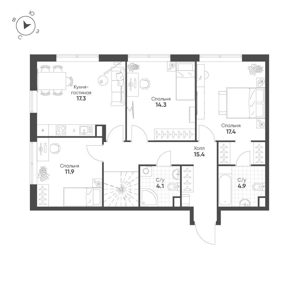 3-комнатная 85 м2 в ЖК Шагал корпус null этаж 6