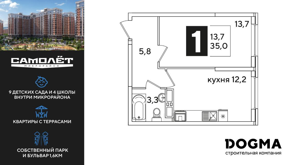 1-комнатная 35 м2 в ЖК Самолет корпус null этаж 15