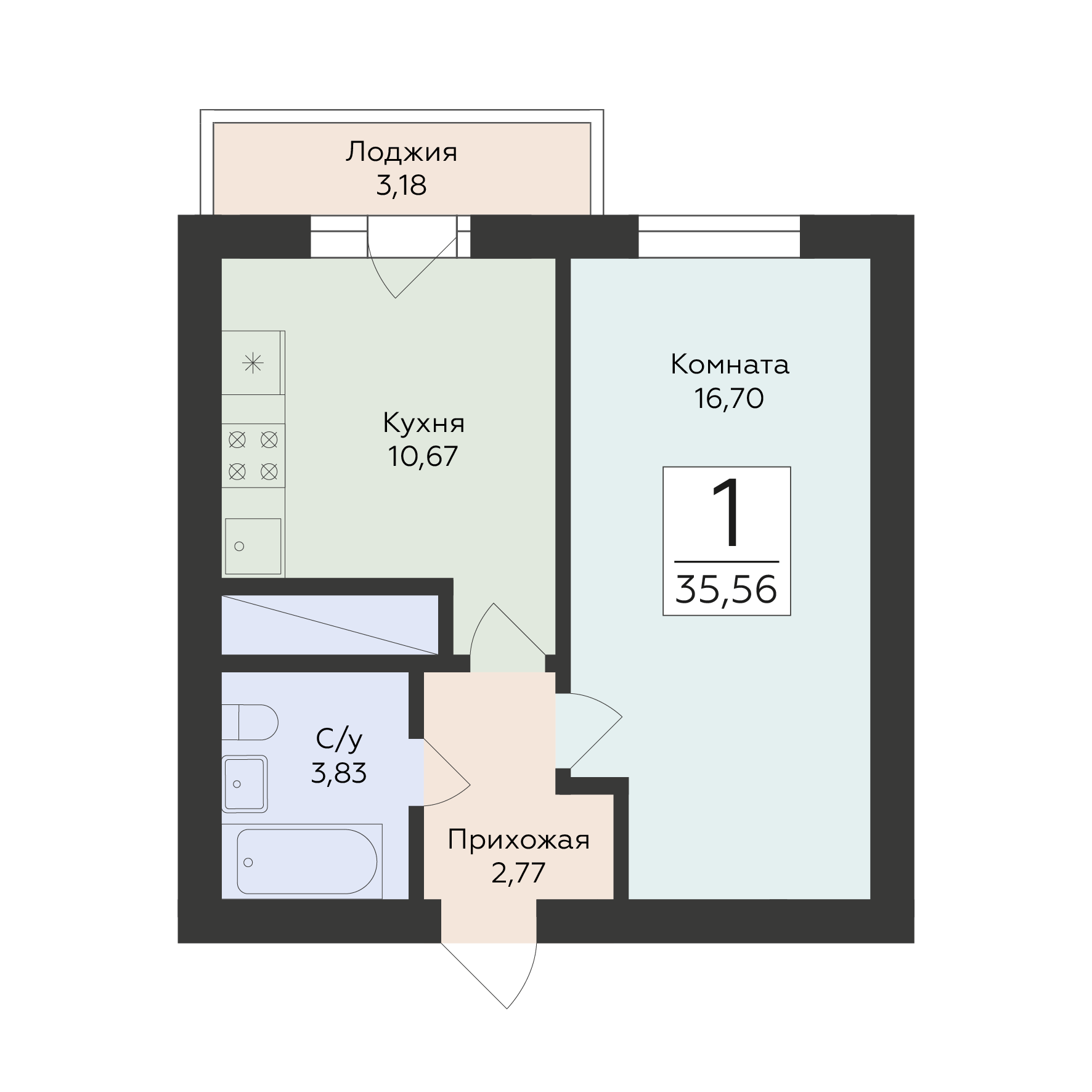1-комнатная 35 м2 в ЖК Юность корпус null этаж 17