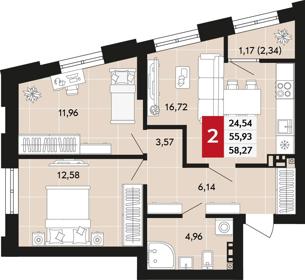 2-комнатная 58 м2 в ЖК Невский корпус null этаж 5