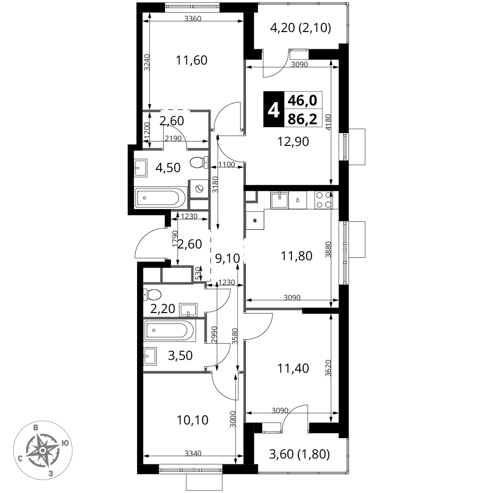 4-комнатная 86 м2 в ЖК 1-й Химкинский корпус null этаж 10